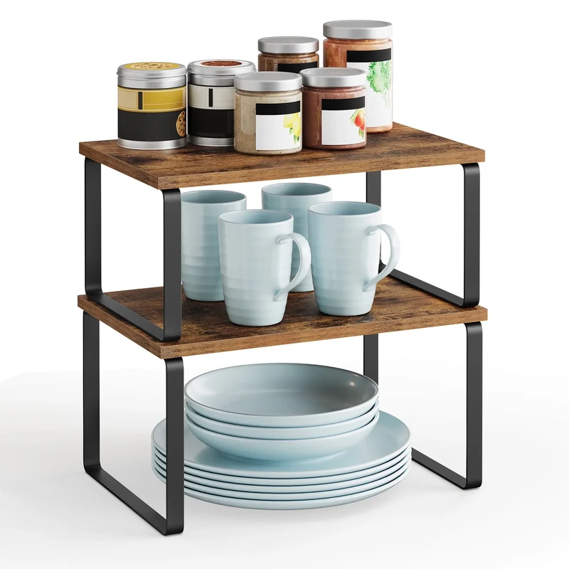 SONGMICS Adjustable 2-Tiers Wood Storage Shelf Unit, Rustic Brown, 2 Pack