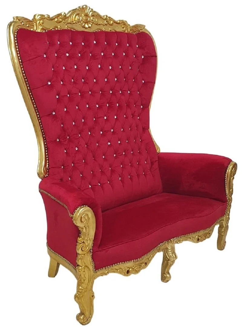 Casa Padrino Barock Hochlehn 2er Sofa Bordeauxrot / Gold - Prunkvolles Barockstil Sofa mit Glitzersteinen - Wohnzimmer Möbel im Barockstil - Barock Möbel - Edel & Prunkvoll