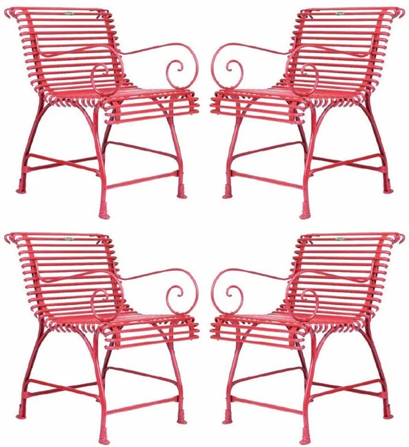 Casa Padrino Jugendstil Garten Stuhl 4er Set Rot 56 x 52 x H. 76 cm - Handgefertigte Schmiedeeisen Stühle mit Armlehnen - Nostalgische Schmiedeeisen Garten & Terrassen Möbel
