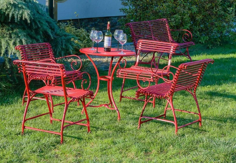 Casa Padrino Jugendstil Garten Stuhl 4er Set Rot 56 x 52 x H. 76 cm - Handgefertigte Schmiedeeisen Stühle mit Armlehnen - Nostalgische Schmiedeeisen Garten & Terrassen Möbel