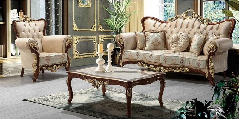 Casa Padrino Luxus Barock Wohnzimmer Set Beige / Braun / Gold - 1 Barock Sofa mit Muster & 2 Barock Sessel mit Muster & 1 Barock Couchtisch - Prunkvolle Barock Wohnzimmer Möbel