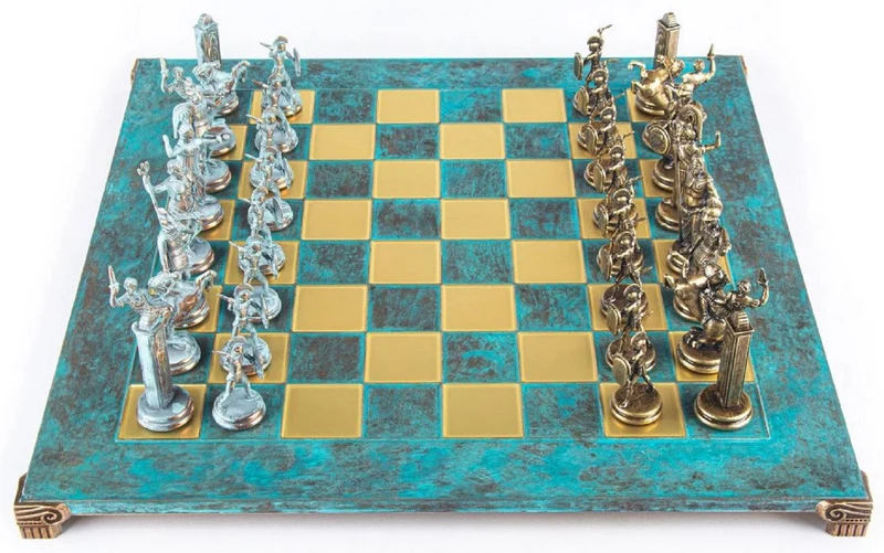 Casa Padrino Luxus Schach Set Türkis / Messing 54 x 54 cm - Griechisches Schachspiel - Messing Schachbrett mit Schachfiguren - Luxus Deko Accessoires - Luxus Schachspiele