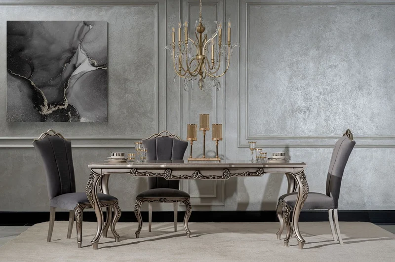 Casa Padrino Luxus Barock Esszimmer Stuhl Grau / Silber - Prunkvoller Barockstil Küchen Stuhl - Luxus Esszimmer Möbel im Barockstil - Barock Möbel - Edel & Prunkvoll