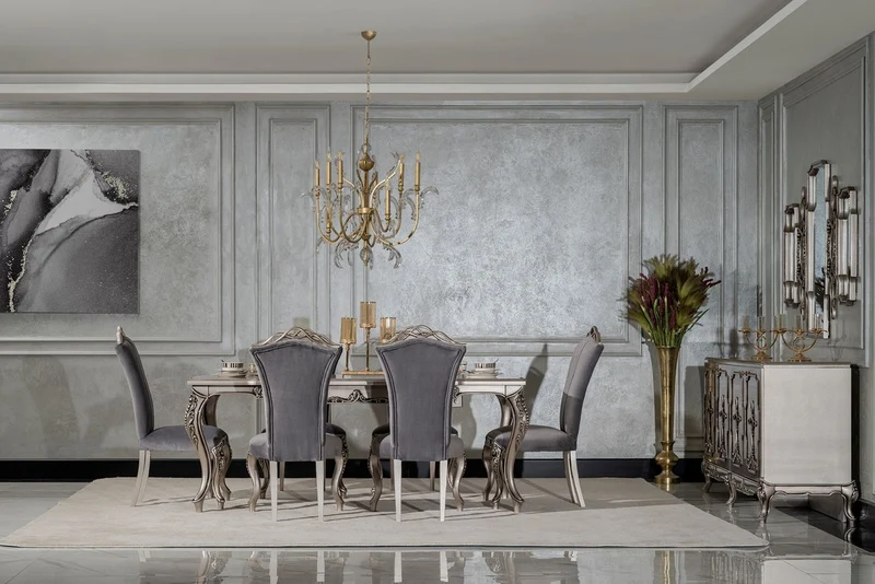 Casa Padrino Luxus Barock Esszimmer Stuhl Grau / Silber - Prunkvoller Barockstil Küchen Stuhl - Luxus Esszimmer Möbel im Barockstil - Barock Möbel - Edel & Prunkvoll