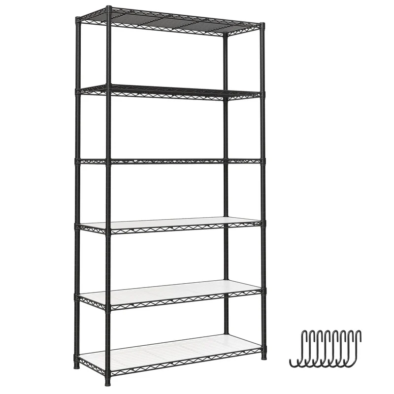 SONGMICS 6-Tier Garage Shelving Wire Shelving Unit Kitchen Storage Rack with Adjustable Shelves Shelf Liners 8 Hooks for Living Room Garage Black