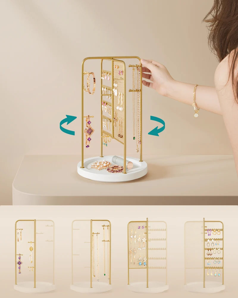 Jewelry Stand, Rotating Jewelry Display 4 Independent Sections for Home, Gold