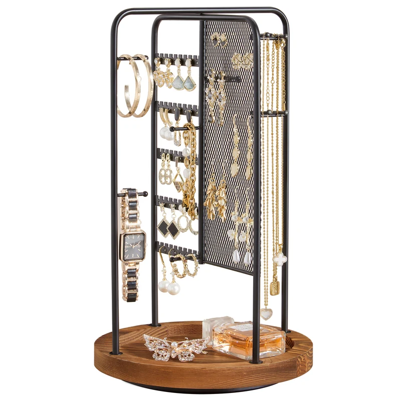 Jewelry Stand, Rotating Jewelry Display 4 Independent Sections for Home, Black