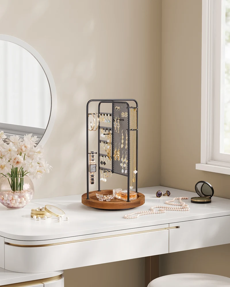 Jewelry Stand, Rotating Jewelry Display 4 Independent Sections for Home, Black