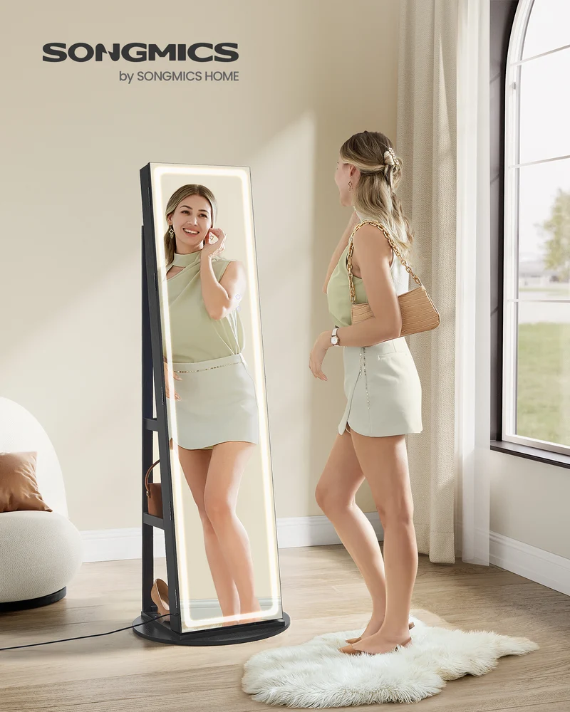 SONGMICS LED Mirror Jewelry Cabinet Standing Jewelry Armoire Organizer Box with Full-Length Mirror