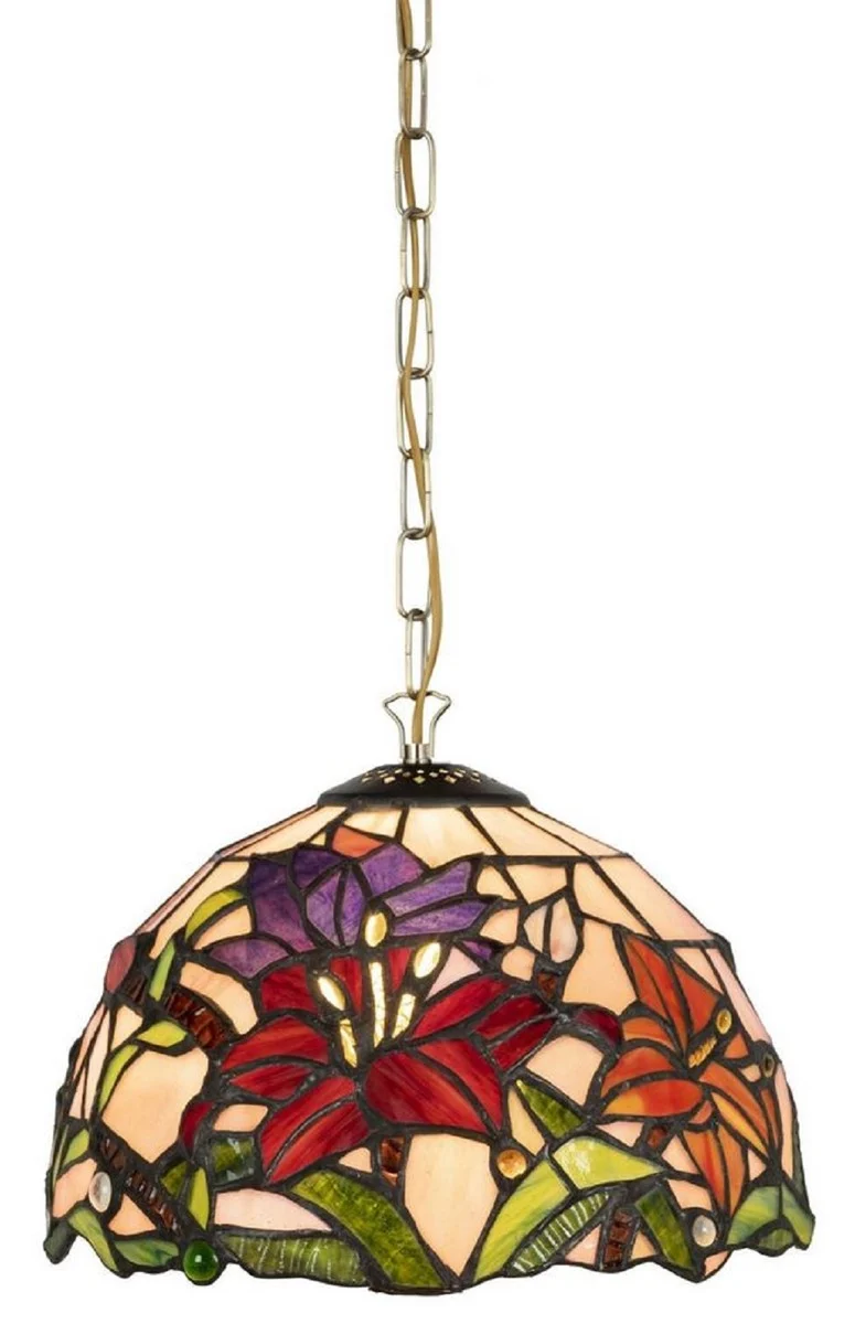 Casa Padrino Luxus Tiffany Hängeleuchte Mehrfarbig Ø 23 x H. 75 cm - Art Deco Tiffany Hängelampe - Wohnzimmer Hängeleuchte - Deko Hängeleuchte - Luxus Tiffany Leuchten - Art Deco Leuchten