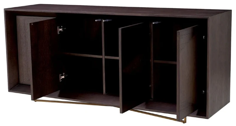 Casa Padrino Luxus Sideboard Mokka / Messing 180 x 50 x H. 80,5 cm - Eichenfurnier Schrank mit 4 Türen - Luxus Möbel - Hotel Möbel - Luxus Einrichtung