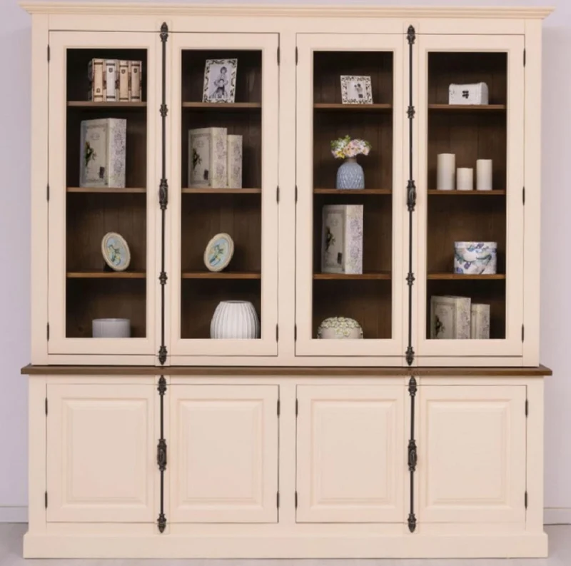 Casa Padrino Landhausstil Esszimmerschrank Creme / Braun 223 x 50 x H. 228 cm - Massivholz Küchenschrank - Esszimmer Möbel im Landhausstil - Landhausstil Esszimmer Einrichtung
