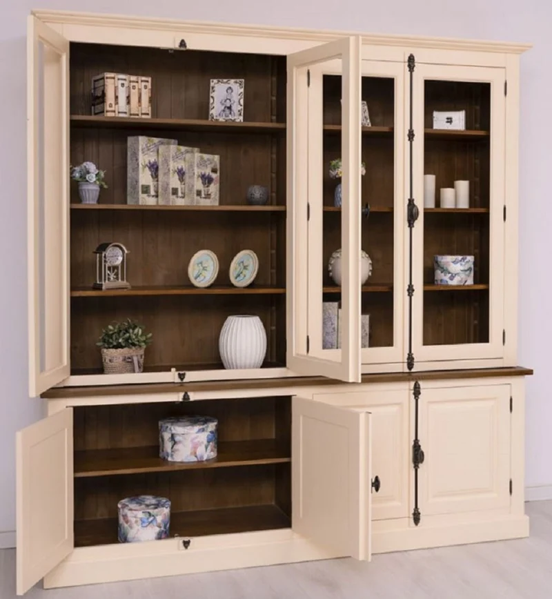 Casa Padrino Landhausstil Esszimmerschrank Creme / Braun 223 x 50 x H. 228 cm - Massivholz Küchenschrank - Esszimmer Möbel im Landhausstil - Landhausstil Esszimmer Einrichtung