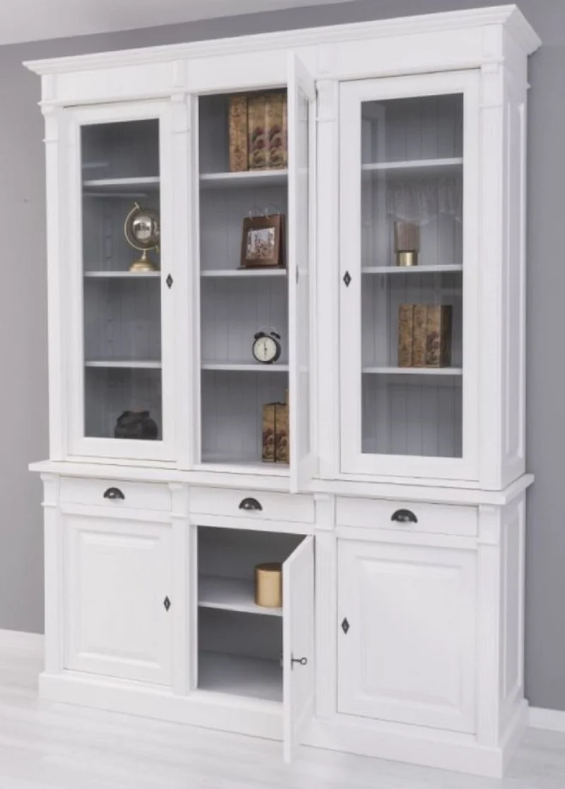 Casa Padrino Landhausstil Bücherschrank Weiß / Grau 183 x 51 x H. 240 cm - Massivholz Schrank - Regalschrank - Wohnzimmerschrank - Büroschrank - Landhausstil Möbel