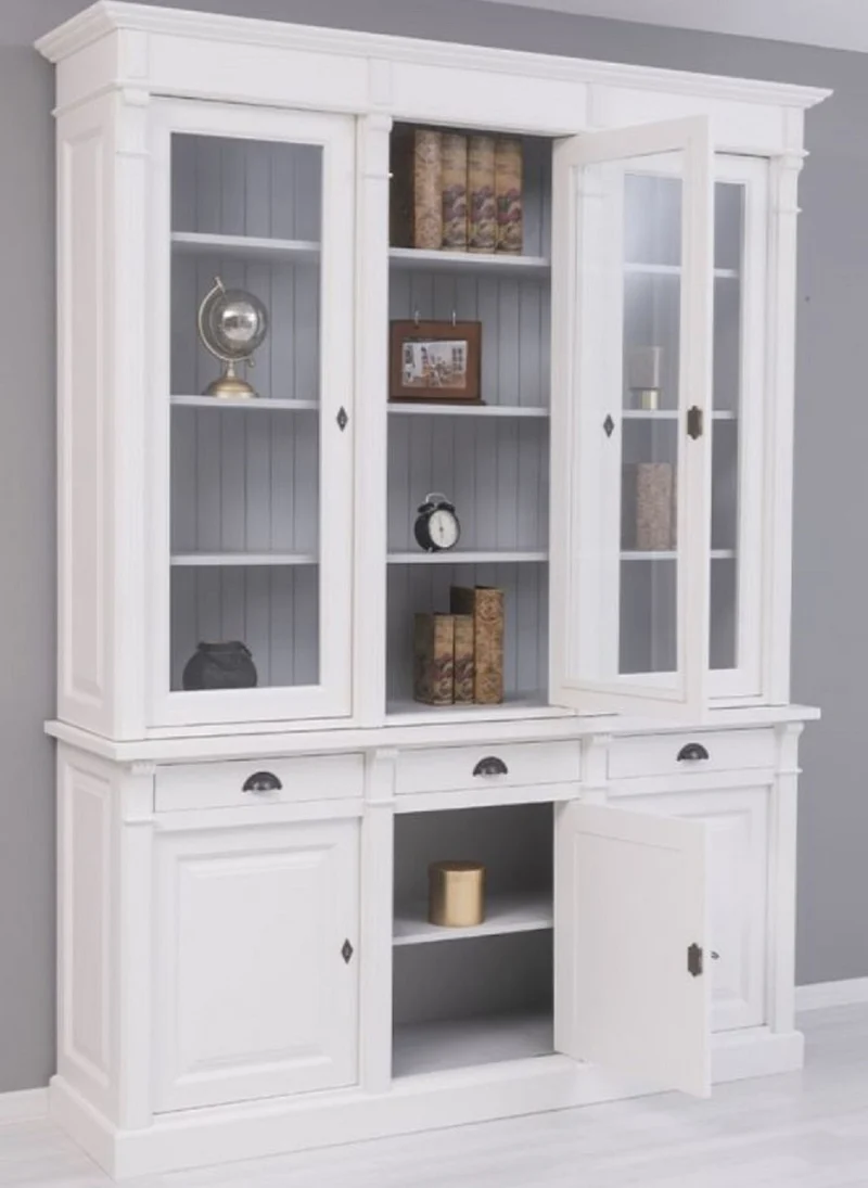 Casa Padrino Landhausstil Bücherschrank Weiß / Grau 183 x 51 x H. 240 cm - Massivholz Schrank - Regalschrank - Wohnzimmerschrank - Büroschrank - Landhausstil Möbel