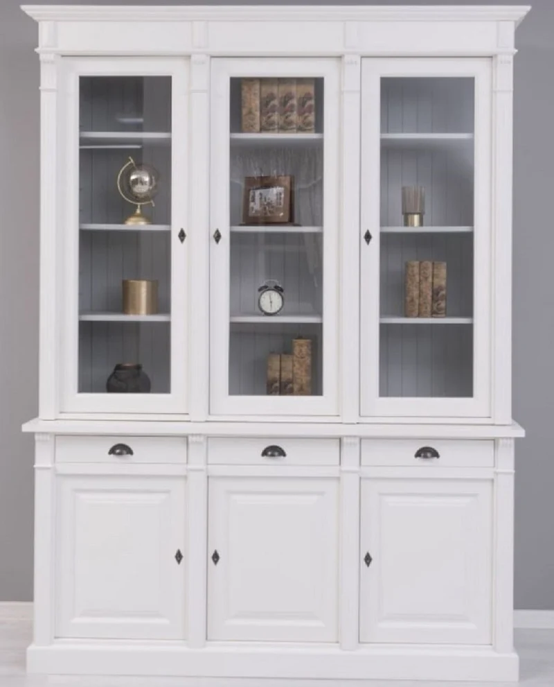 Casa Padrino Landhausstil Bücherschrank Weiß / Grau 183 x 51 x H. 240 cm - Massivholz Schrank - Regalschrank - Wohnzimmerschrank - Büroschrank - Landhausstil Möbel
