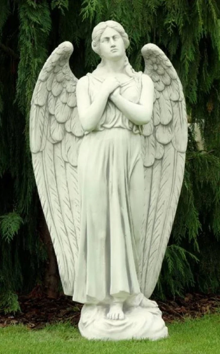 Casa Padrino Jugendstil Garten Deko Skulptur Engel Hellgrau H. 140 cm - Elegante Garten Deko Stein Figur - Barock & Jugendstil Garten Deko Accessoires - Garten Deko Stein Skulpturen