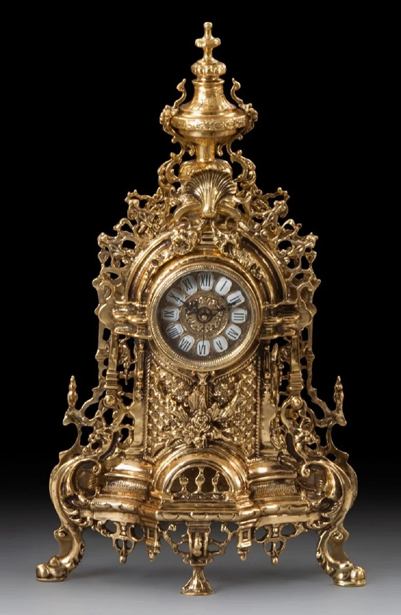 Casa Padrino Luxus Barock Tischuhr Gold 34 x H. 59 cm - Handgefertigte Bronze Uhr im Barockstil - Barock Schreibtischuhr - Barock Schreibtisch Deko - Barock Deko Accessoires - Barockstil Uhren