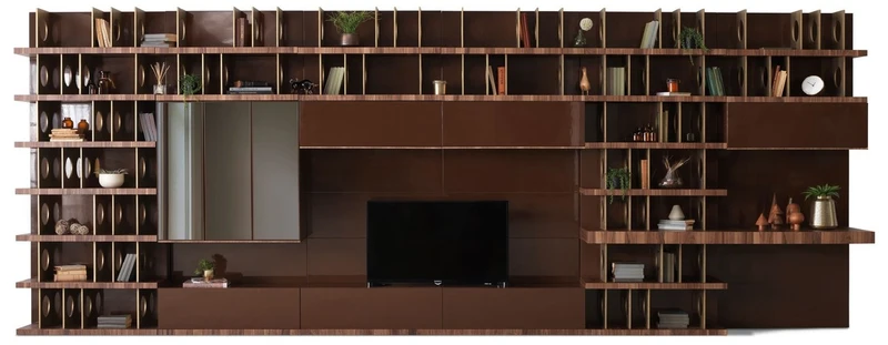 Casa Padrino Luxus TV Schrank Dunkelbraun / Braun / Messing 576 x 60 x H. 224 cm - Riesiger Massivholz Wohnzimmer Schrank - Wohnzimmer Möbel - Hotel Möbel - Luxus Möbel
