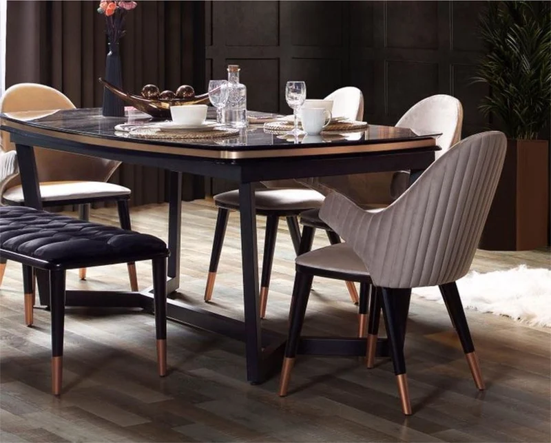 Casa Padrino Luxus Esszimmer Set Grau / Schwarz / Kupfer - 1 Ausziehbarer Luxus Esszimmertisch & 6 Luxus Esszimmerstühle mit Armlehnen - Esszimmer Möbel - Restaurant Möbel - Luxus Möbel