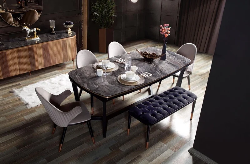 Casa Padrino Luxus Esszimmer Set Grau / Schwarz / Kupfer - 1 Ausziehbarer Luxus Esszimmertisch & 6 Luxus Esszimmerstühle mit Armlehnen - Esszimmer Möbel - Restaurant Möbel - Luxus Möbel