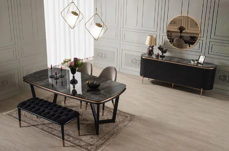 Casa Padrino Luxus Esszimmerstuhl 8er Set mit Armlehnen Grau / Schwarz / Kupfer 52 x 52 x H. 88 cm - Esszimmer Möbel - Restaurant Möbel - Esszimmer Einrichtung - Luxus Möbel - Luxus Einrichtung