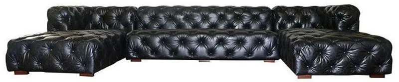 Casa Padrino Luxus Chesterfield Leder U-Form Sofa Vintage Schwarz / Braun 415 x 200 x H. 74 cm - 3-Teiliges Echtleder Wohnzimmer Sofa - Wohnzimmer Möbel - Chesterfield Möbel - Luxus Möbel