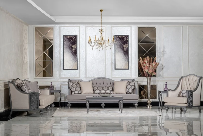 Casa Padrino Luxus Barock Wohnzimmer Sofa Grau / Grau - Handgefertigtes Barockstil Sofa mit dekorativen Kissen - Luxus Wohnzimmer Möbel im Barockstil - Barock Möbel