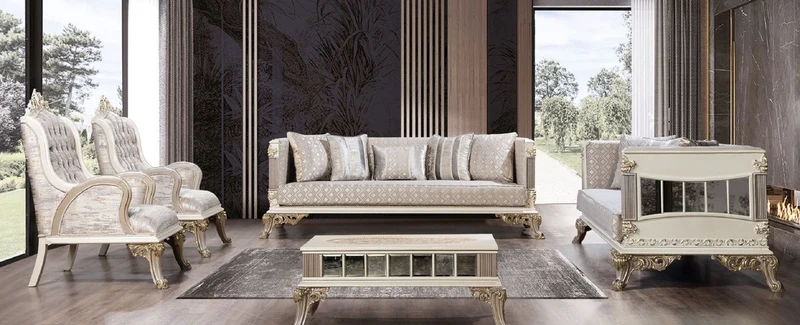 Casa Padrino Luxus Barock Wohnzimmer Set Silber / Weiß / Grau / Gold - 2 Barock Sofas & 2 Barock Sessel & 1 Barock Couchtisch - Luxus Wohnzimmer Möbel im Barockstil - Barock Möbel