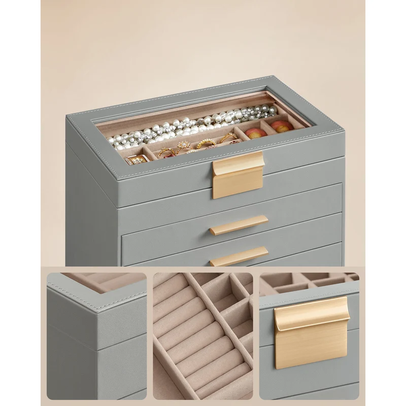 SONGMICS Jewelry Box with Glass Lid, 6-Layer Jewelry Organizer, 5 Drawers, for Sunglasses, Gray