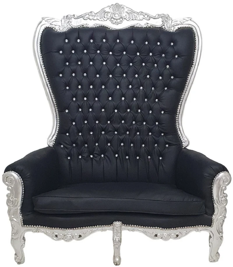 Casa Padrino Barock Hochlehn 2er Sofa Schwarz / Silber - Prunkvolles Barockstil Sofa mit Glitzersteinen - Wohnzimmer Möbel im Barockstil - Barock Möbel - Edel & Prunkvoll