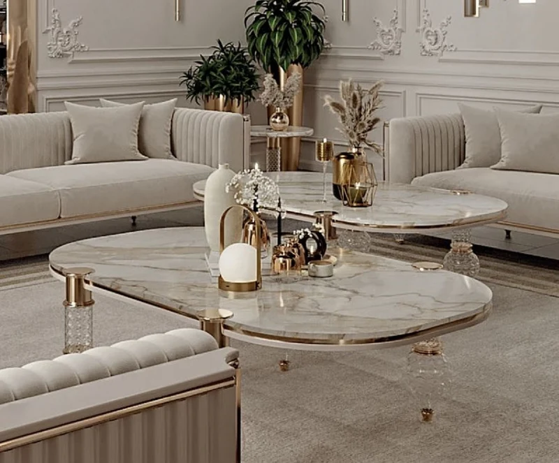 Casa Padrino Luxus Art Deco Couchtisch Weiß / Grau / Gold 120 x 70 x H. 49 cm - Wohnzimmertisch mit edler Kunstmarmor Tischplatte - Art Deco Wohnzimmer Möbel - Luxus Wohnzimmer Möbel