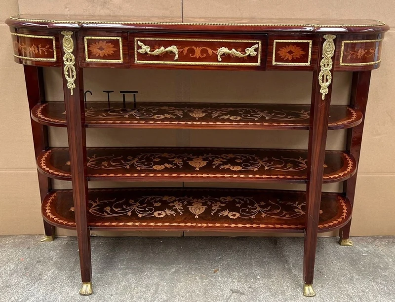 Casa Padrino Barock Konsole Dunkelbraun / Braun Intarsien / Gold - Handgefertigter Konsolentisch im Barockstil - Prunkvolle Barockstil Konsole - Barock Möbel - Antik Stil Möbel - Barockstil Möbel