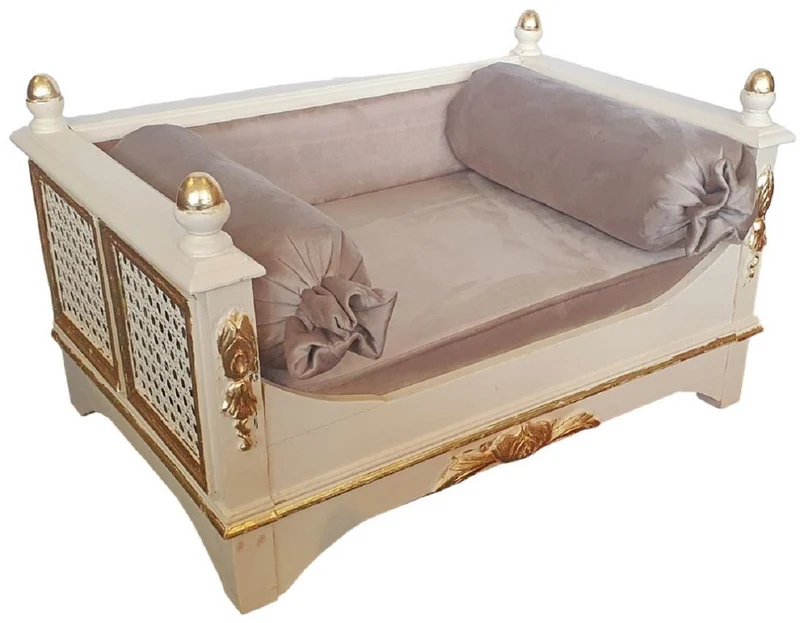 Casa Padrino Barock Hundebett Grau / Creme / Gold - Prunkvolles Antik Stil Hundebett - Handgefertigte Hunde Möbel im Barockstil - Antik Stil Tiermöbel - Barock Tiermöbel