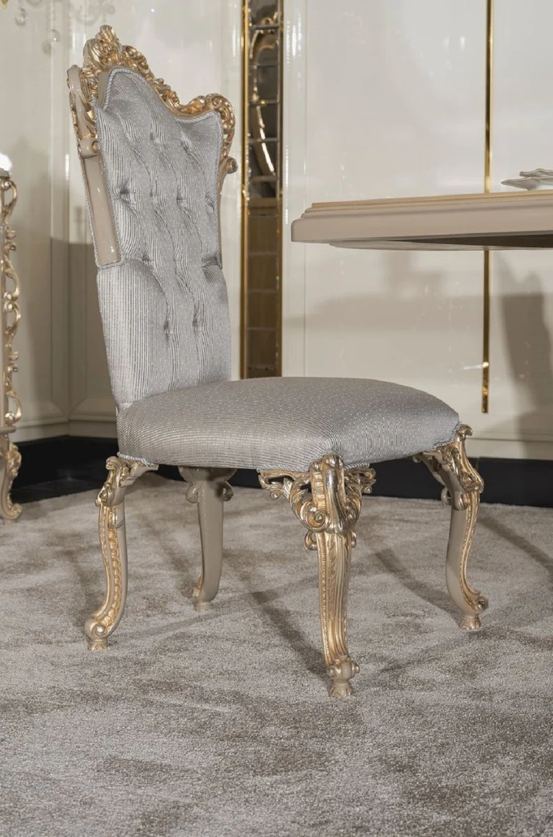 Casa Padrino Luxus Barock Esszimmer Stuhl 6er Set Silber / Grau / Gold - Prunkvolle Barockstil Küchen Stühle - Luxus Esszimmer Möbel im Barockstil - Barock Esszimmer Möbel - Barockstil Möbel
