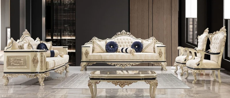 Casa Padrino Luxus Barock Wohnzimmer Set Weiß / Creme / Schwarz / Antik Gold - 2 Barock Sofas & 2 Barock Sessel & 1 Barock Couchtisch - Luxus Wohnzimmer Möbel im Barockstil - Barock Möbel