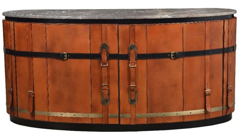 Casa Padrino Luxus Sideboard Braun / Schwarz / Grau / Messing 184 x 48 x H. 87 cm - Gebogener Massivholz Schrank mit 2 Türen und Marmorplatte - Wohnzimmer Möbel - Luxus Möbel
