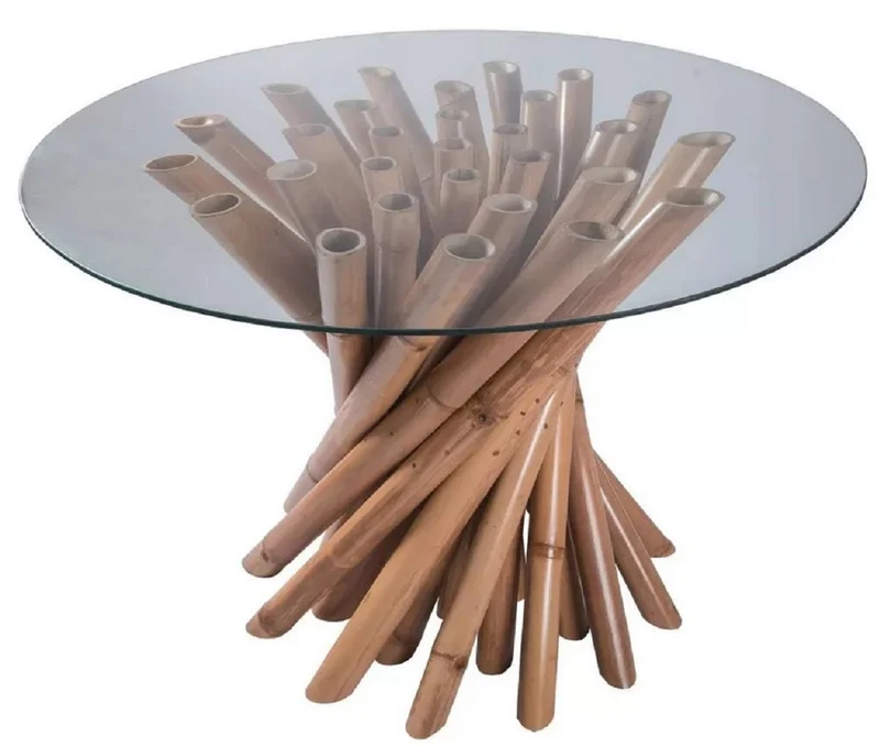 Casa Padrino Luxus Esstisch Naturfarben Ø 120 x H. 80 cm - Runder Bambus Küchentisch mit Glasplatte - Esszimmer Möbel - Bambus Möbel - Luxus Möbel - Luxus Esszimmer Einrichtung