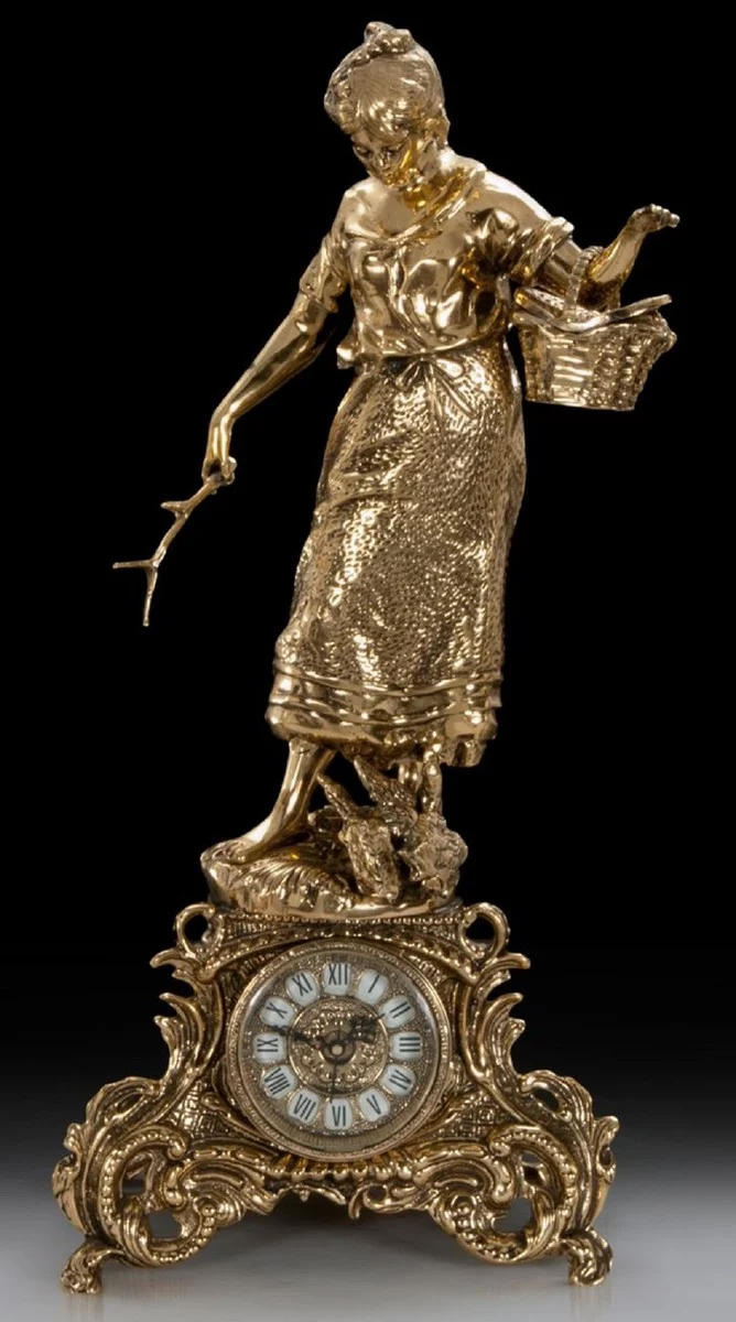 Casa Padrino Luxus Barock Tischuhr Gold 29 x H. 62 cm - Handgefertigte Bronze Uhr im Barockstil - Barock Schreibtischuhr - Barock Schreibtisch Deko - Barock Deko Accessoires - Barockstil Uhren