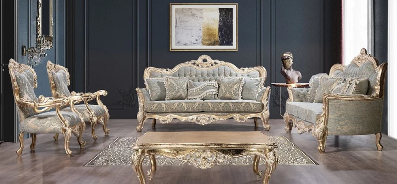 Casa Padrino Luxus Barock Wohnzimmer Set Grün / Antik Gold - 2 Barock Sofas & 2 Barock Sessel & 1 Barock Couchtisch - Luxus Wohnzimmer Möbel im Barockstil - Barock Möbel