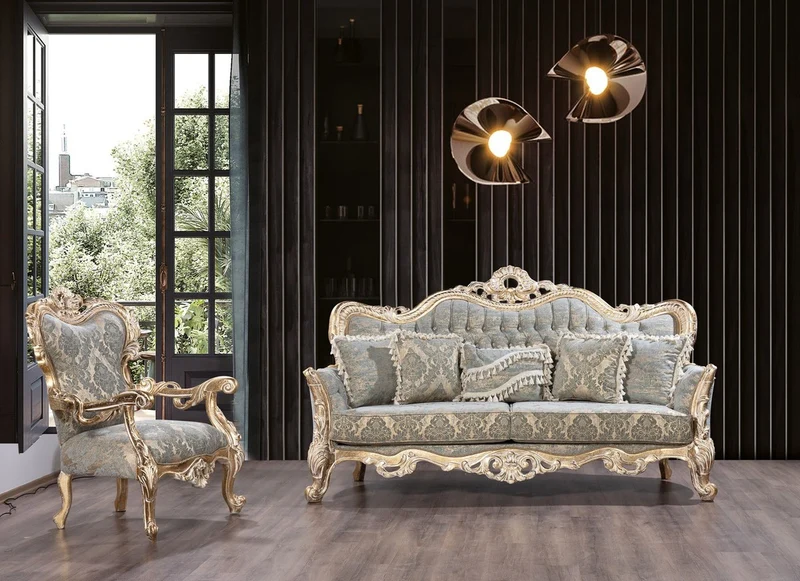 Casa Padrino Luxus Barock Wohnzimmer Set Grün / Antik Gold - 2 Barock Sofas & 2 Barock Sessel & 1 Barock Couchtisch - Luxus Wohnzimmer Möbel im Barockstil - Barock Möbel