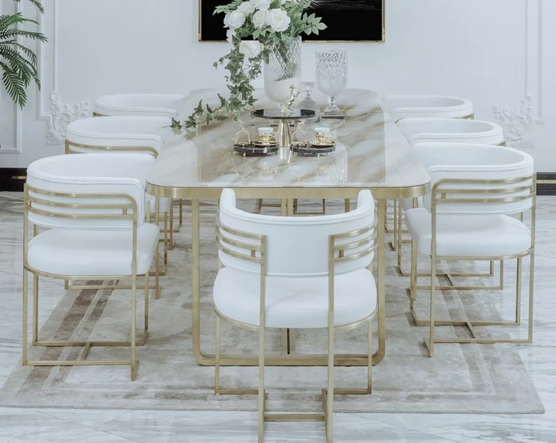 Casa Padrino Luxus Esszimmer Stuhl Set mit Armlehnen Weiß / Gold 58 x 51 x H. 76 cm - Küchen Stühle 8er Set - Esszimmer Möbel - Restaurant Möbel - Luxus Möbel - Luxus Einrichtung