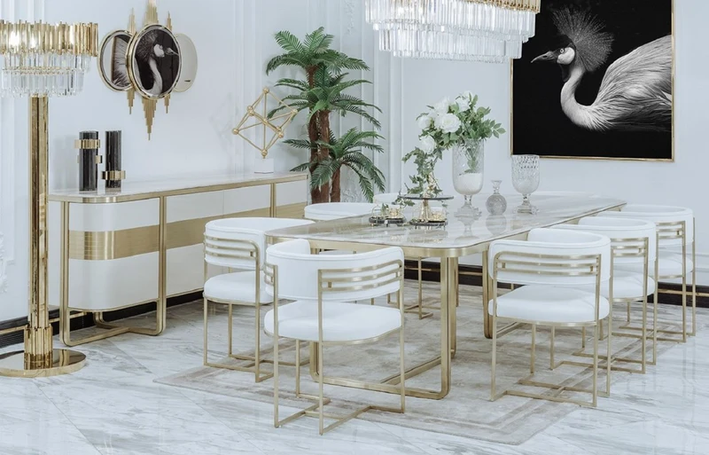 Casa Padrino Luxus Esszimmer Stuhl Set mit Armlehnen Weiß / Gold 58 x 51 x H. 76 cm - Küchen Stühle 8er Set - Esszimmer Möbel - Restaurant Möbel - Luxus Möbel - Luxus Einrichtung