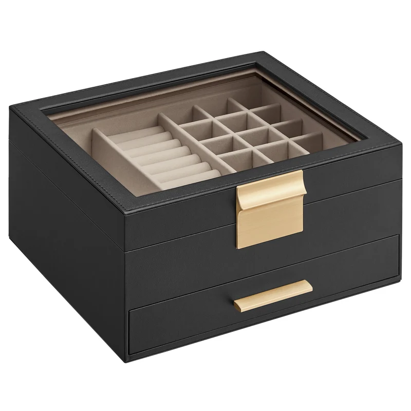 SONGMICS Jewelry Box with Glass Lid, 2-Layer Jewelry Organizer, 1 Drawer, for Big and Small Jewelry, Jewelry Storage, Modern Style, Graphite Black and Gold Color