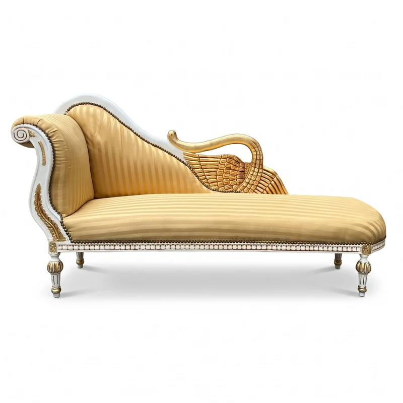 Casa Padrino Barock Chaiselongue Linke Seite Gold / Weiß / Gold - Handgefertigte Massivholz Recamiere mit Streifen - Barock Wohnzimmer Möbel - Edel & Prunkvoll