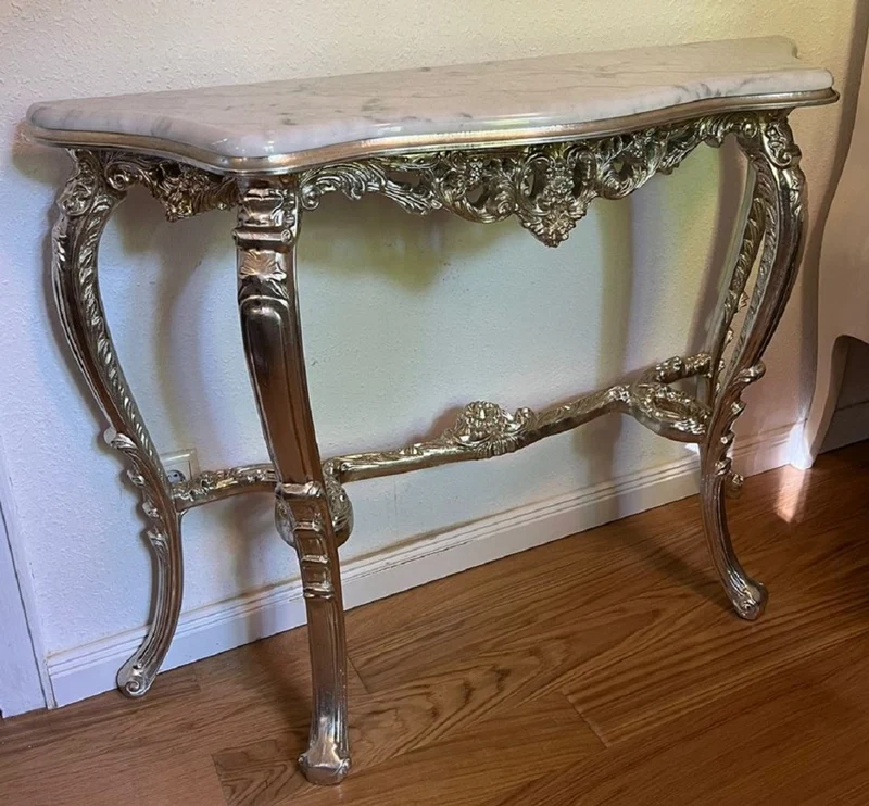 Casa Padrino Luxus Barock Konsole Silber / Weiß - Handgefertigter Massivholz Konsolentisch mit Marmorplatte - Barock Möbel - Luxus Qualität - Made in Italy