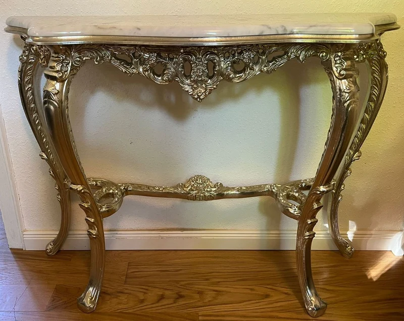Casa Padrino Luxus Barock Konsole Silber / Weiß - Handgefertigter Massivholz Konsolentisch mit Marmorplatte - Barock Möbel - Luxus Qualität - Made in Italy