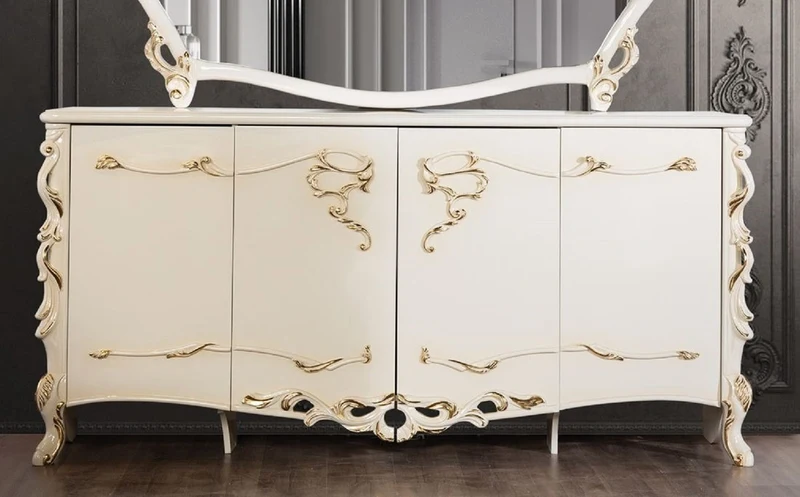 Casa Padrino Luxus Barock Sideboard Weiß / Gold - Barockstil Massivholz Schrank mit 4 Türen - Luxus Esszimmer Möbel im Barockstil - Barock Esszimmer Möbel - Barock Küchen Möbel