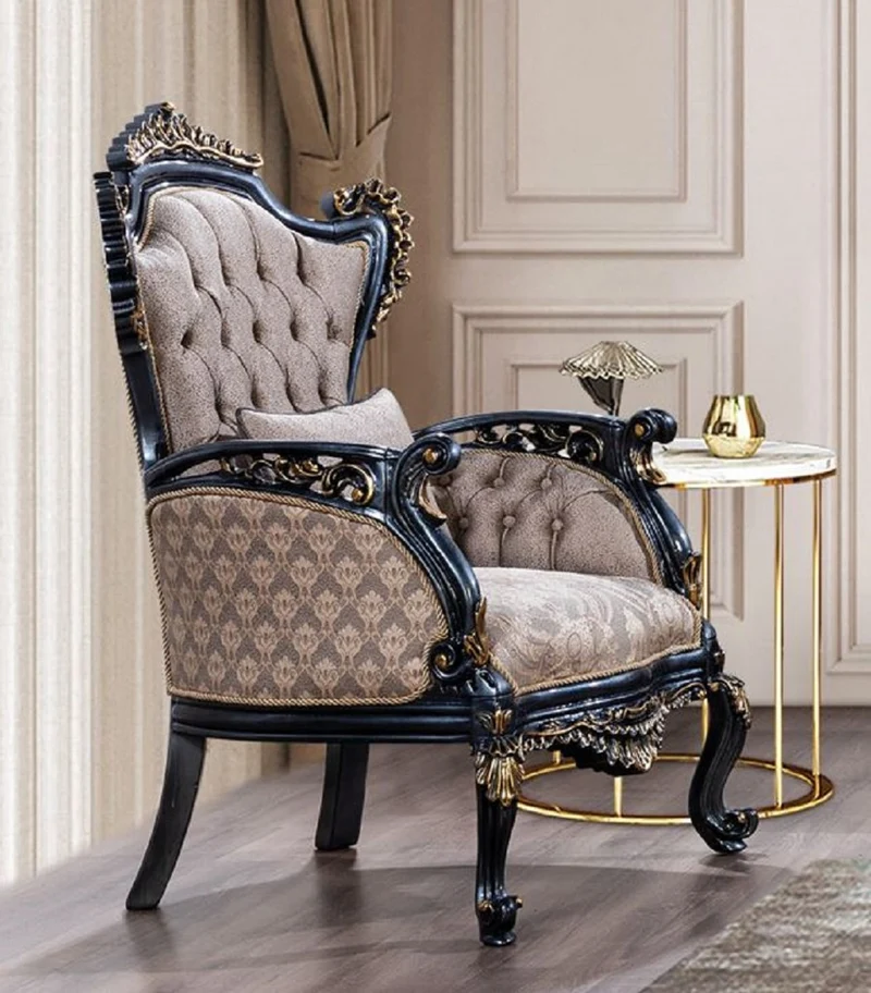 Casa Padrino Luxus Barock Sessel Grau / Blau / Gold - Prunkvoller Wohnzimmer Sessel mit elegantem Muster - Luxus Wohnzimmer Möbel im Barockstil - Barock Möbel - Barock Einrichtung