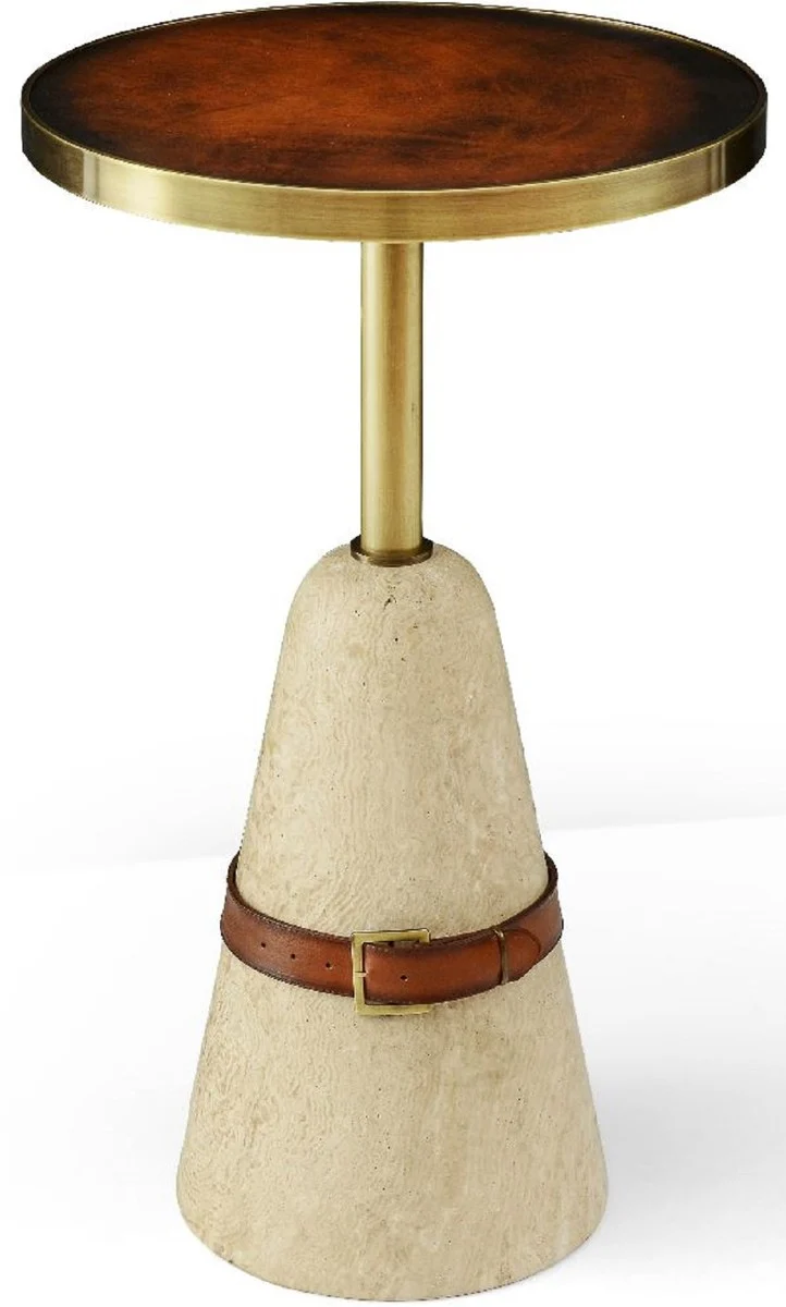 Casa Padrino Luxus Beistelltisch Braun / Messing / Beige Ø 40 x H. 74,5 cm - Runder Tisch mit Marmorfuß - Wohnzimmer Möbel - Luxus Möbel